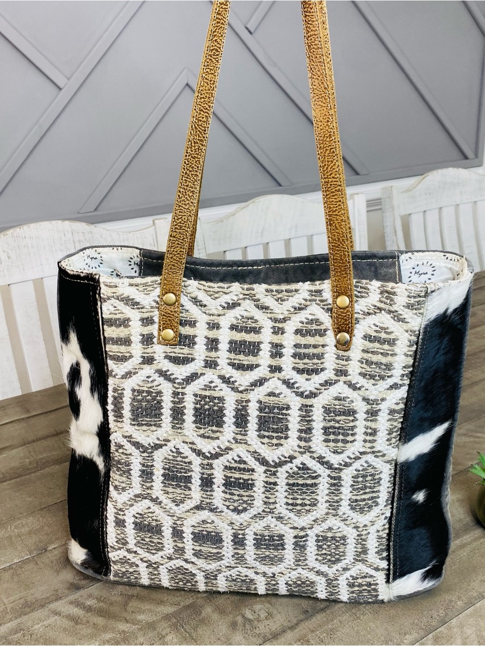 Myra Bag Hive Special Tote Upcycled Canvas & Hairon Cowhide Western Purse